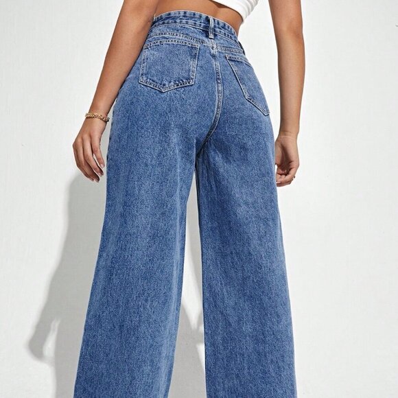 Dark Wash Casual Women's High Waist Wide Leg Jeans - Picture 3 of 6